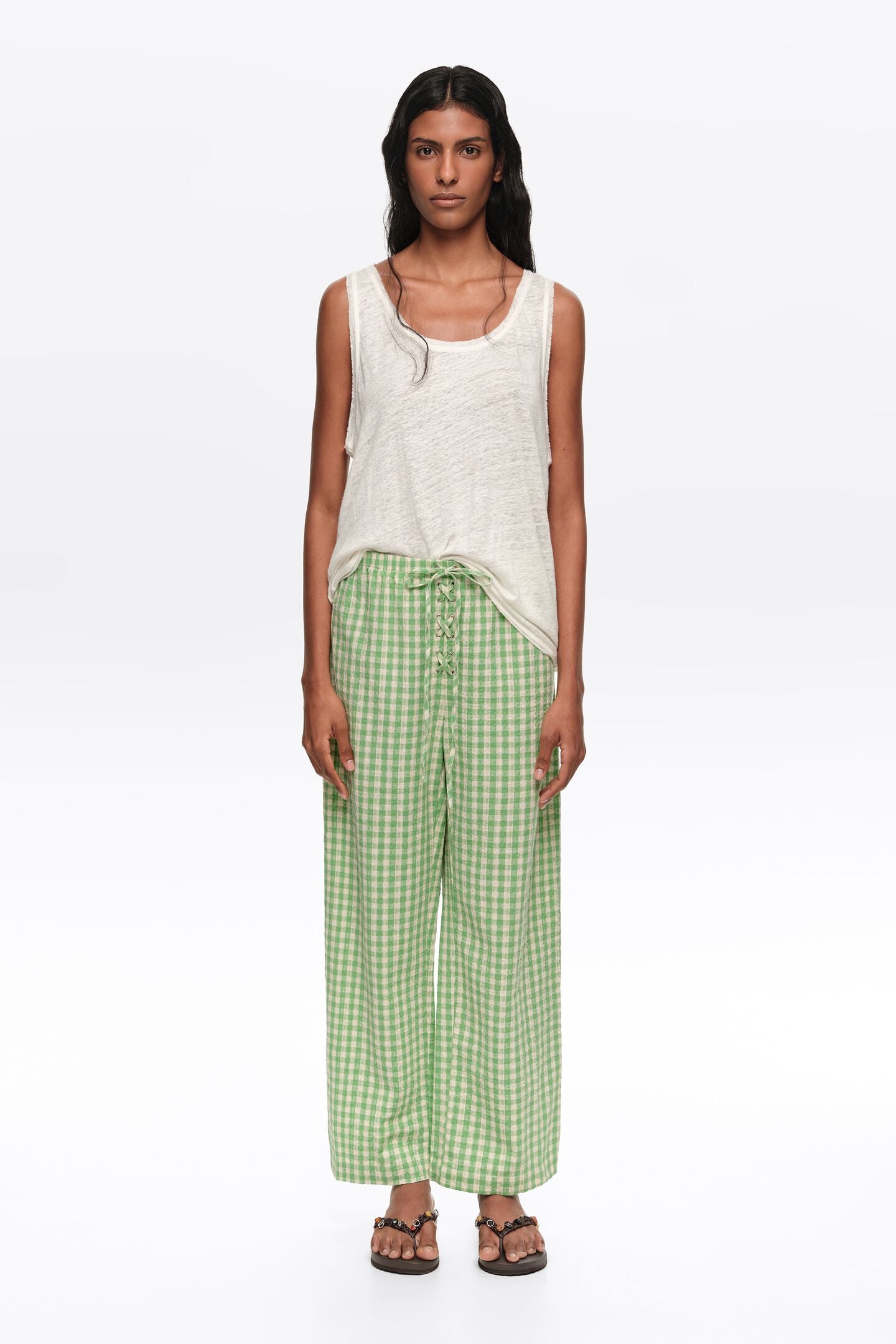 Pantalón con Pretina Corsetera y Cuadros Verdes